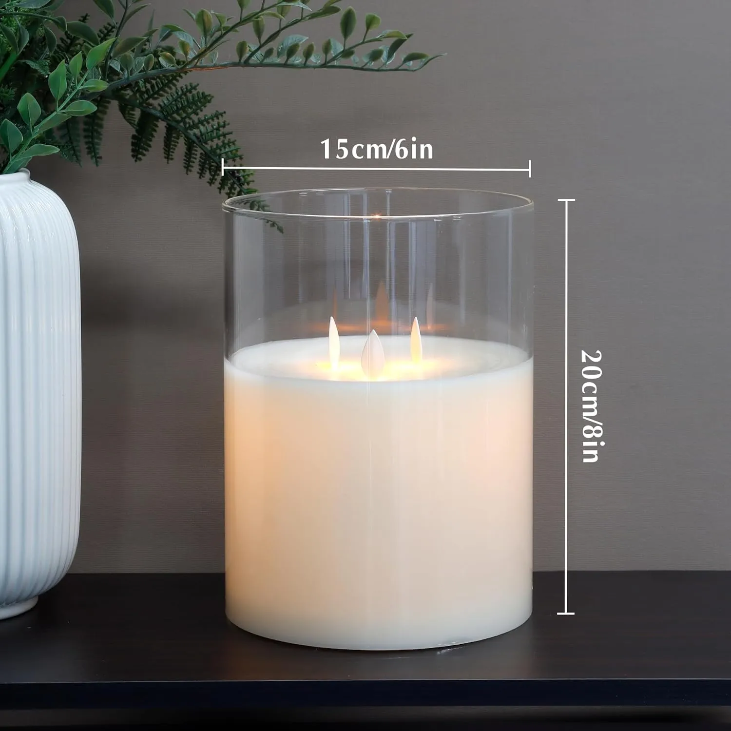 JHY DESIGN 3-Wick Glass Flameless Candles 8''High Battery Operated Dancing Flame Flickering LED Pillar Candles with 6-Hour Timer Feature Real Wax Moving Wick Candle for Home Wedding Party Festival