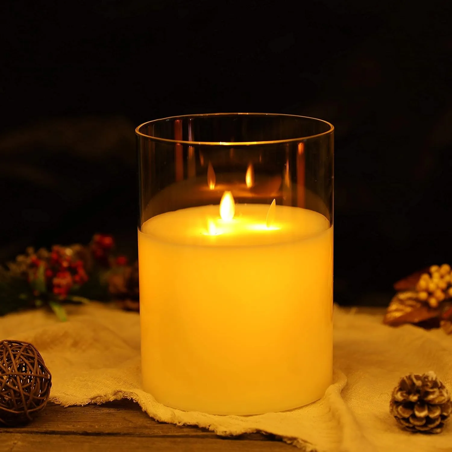 JHY DESIGN 3-Wick Glass Flameless Candles 8''High Battery Operated Dancing Flame Flickering LED Pillar Candles with 6-Hour Timer Feature Real Wax Moving Wick Candle for Home Wedding Party Festival
