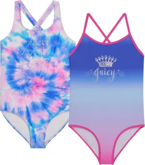 Juicy Couture Girls 2 Pack One Piece Swimsuit Set, Kids Bathing Suit Swimwear, Cute Ombre/Tie Dye/Tropical Print Beach Wear