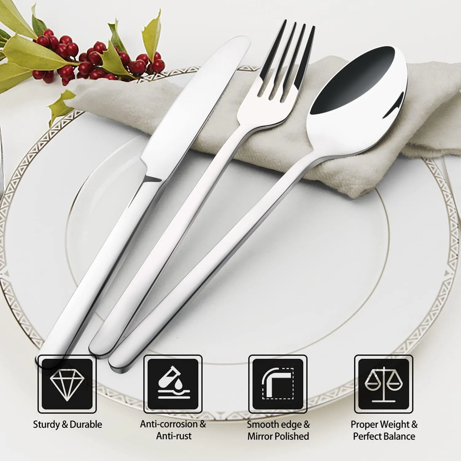 KINGSTONE 40 Piece Silverware Set, Flatware Set for 8, 18/10 Stainless Steel Cutlery Set Mirror Polished Modern Design Dishwasher Safe