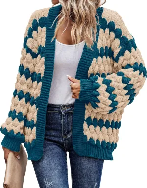 KIRUNDO Womens Cardigan Fall Fashion Lantern Sleeve Open Front Striped Color Block Loose Cable Knit Winter Sweater Coats