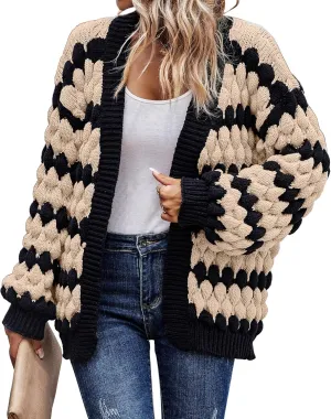 KIRUNDO Womens Cardigan Fall Fashion Lantern Sleeve Open Front Striped Color Block Loose Cable Knit Winter Sweater Coats
