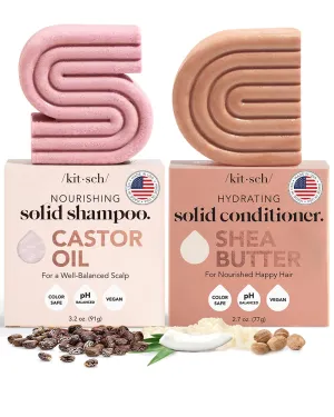 Kitsch Castor Oil Shampoo & Shea Butter Conditioner Bar - Vegan & All Natural Solid Bar | Hydrating & Moisturizing Soap, Paraben-Free, Made in USA - 2pcs