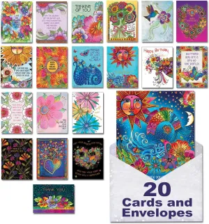 Leanin' Tree The Brilliant Colors of Laurel Burch Greeting Cards Assortment Box, Made In USA, 20 Assorted Cards with Envelopes All Occasion, Cute Stationery Set for Women with Bright Stunning Artwork