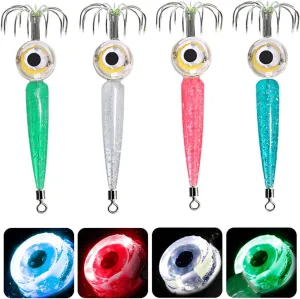 LED Lure Light with Squid Jig Hook Waterproof LED Fishing Light Underwater Flasher Light, 4 Color Set Fish Lights (Blue, Red, Green, White) Deep Drop LED Fish Light Squid Hook