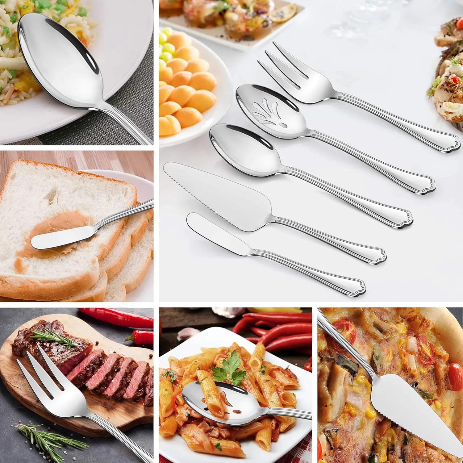 LIANYU 65-Piece Silverware Flatware Set for 10, Plus Steak Knives and Serving Utensils, Stainless Steel Flatware Cutlery Set, Eating Utensils Tableware with Scalloped Edge, Dishwasher Safe