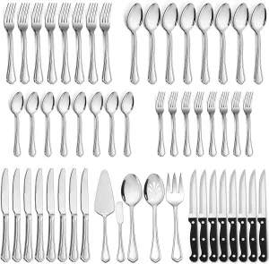 LIANYU 65-Piece Silverware Flatware Set for 10, Plus Steak Knives and Serving Utensils, Stainless Steel Flatware Cutlery Set, Eating Utensils Tableware with Scalloped Edge, Dishwasher Safe