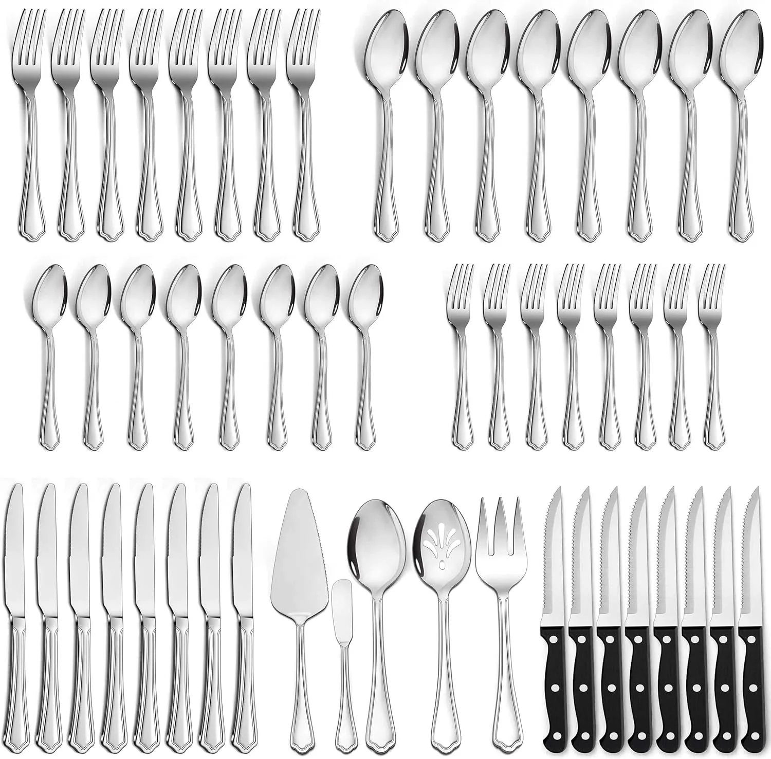 LIANYU 65-Piece Silverware Flatware Set for 10, Plus Steak Knives and Serving Utensils, Stainless Steel Flatware Cutlery Set, Eating Utensils Tableware with Scalloped Edge, Dishwasher Safe