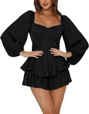 LYANER Women's Jumpsuit Lantern Long Sleeve Ruffle Layer Tie Mini Short Romper