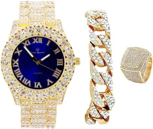 Mens Big Rocks Bezel - Dial with Roman Numerals Fully Iced Out Watch w/Cuban Chain Bracelet & Ring - ST10327 3pc Set