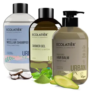 Micellar Anti-Pollution Shampoo, Sea Minerals & Matcha Shower Gel & Nourishing Hair Balm Set – Coconut Oil, Mulberry Extract, Moringa for Healthy Skin & Hair