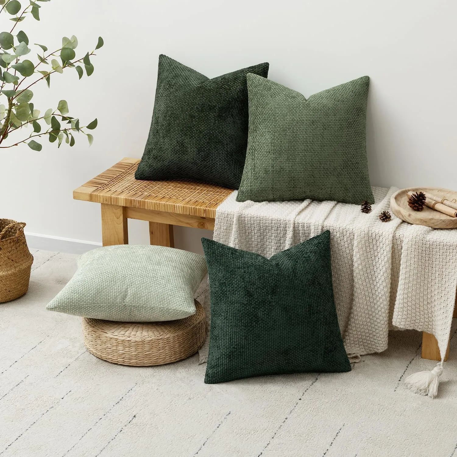 MIULEE Pack of 4 Couch Throw Pillow Covers 18x18 Inch Green Soft Decorative Chenille Pillow Covers Farmhouse Accent Cushion Covers for Boho Home Decor Spring Sofa Bedroom Living Room