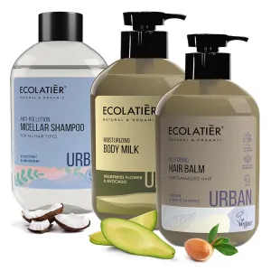 Moisturizing Body Milk, Micellar Anti-Pollution Shampoo & Restoring Hair Balm Set – Avocado Oil, Coconut Oil, Jasmine Extract, Moringa for Healthy Skin & Hair