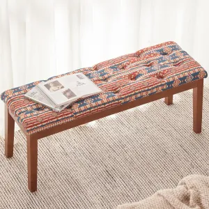 Ottoman Bench Upholstered Padded Seat with Solid Wood Legs and Button-Tufted, Ethnic Print