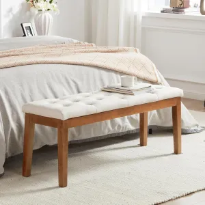 Ottoman Bench Upholstered Padded Seat with Solid Wood Legs and Button-Tufted, Linen Cream