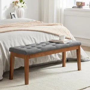 Ottoman Bench Upholstered Padded Seat with Solid Wood Legs and Button-Tufted, Linen Dark Gray