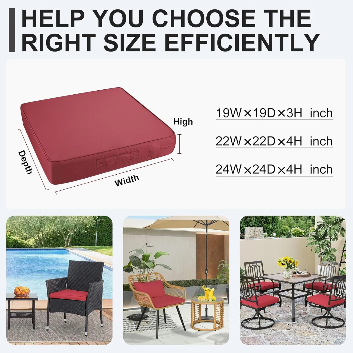 Outdoor Chair Cushions Square Waterproof 24" W x 24" D with Handle, Turquoise Chair Pads for Dining Chairs Set of 2 Soft Outdoor Chair Pads Burgundy 4'' High