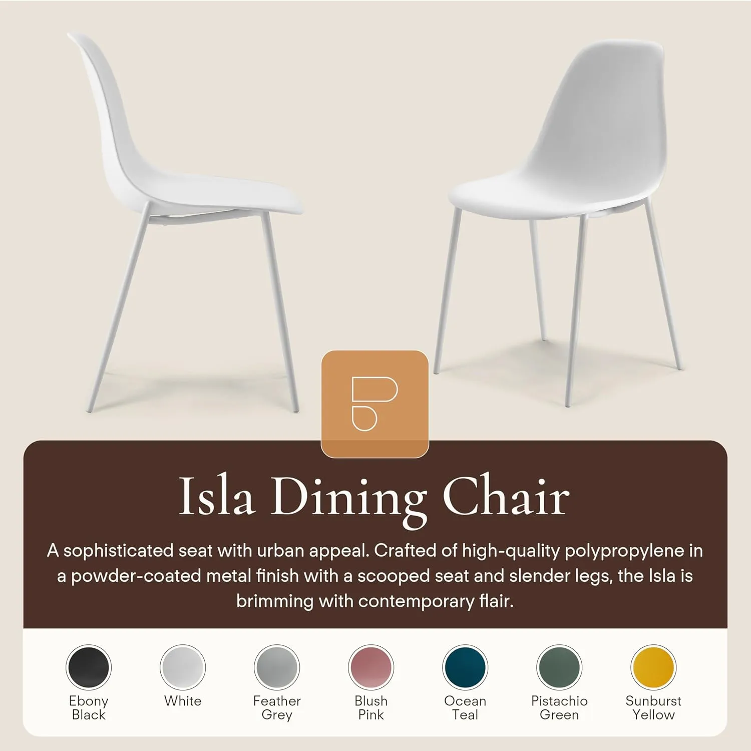 POLY & BARK Isla Modern Kitchen Chairs Set of 4 - Plastic Dining Chair with Metal Legs - Quick Assembly Simple Cafe Chairs Plastic for Indoor or Outdoor - White