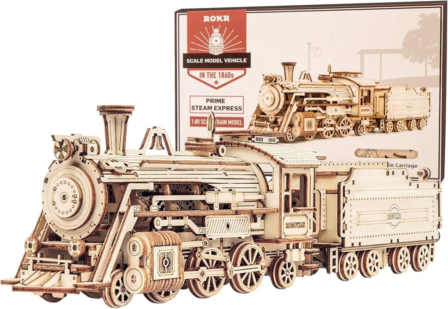 ROKR 3D Wooden Puzzle for Adults-Mechanical Train Model Kits-Brain Teaser Puzzles-Vehicle Building Kits-Unique Gift for Kids on Birthday/Christmas Day(1:80 Scale)(MC501-Prime Steam Express)