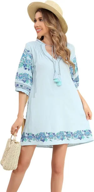 R.Vivimos Women's Autumn 3/4 Sleeve Cotton V Neck Floral Embroidery Casual Tunic Dresses