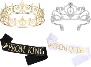 Saintrygo Prom Queen and King Prom Sash Crowns Tiara Bridal Shiny Satin Queen and King Headbands for Adult 2025 Grad Crown Sash for Women Wedding Pageant Halloween Cosplay Favors(4 Pcs,Modern Style)