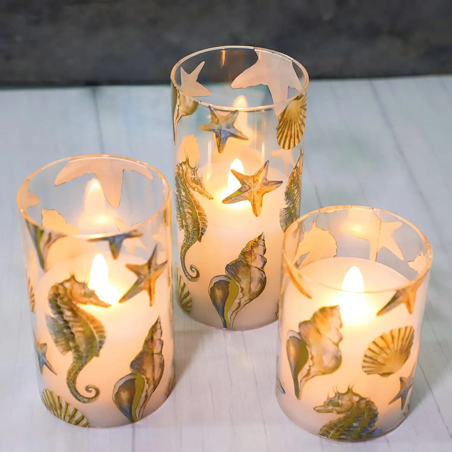 Silverstro Nautical Flameless Candles Flickering Starfish Seahorse Battery Operated Candles with Remote - Bedroom Party Christmas Ocean Summer Decor - Set of 3