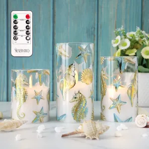 Silverstro Nautical Flameless Candles Flickering Starfish Seahorse Battery Operated Candles with Remote - Bedroom Party Christmas Ocean Summer Decor - Set of 3