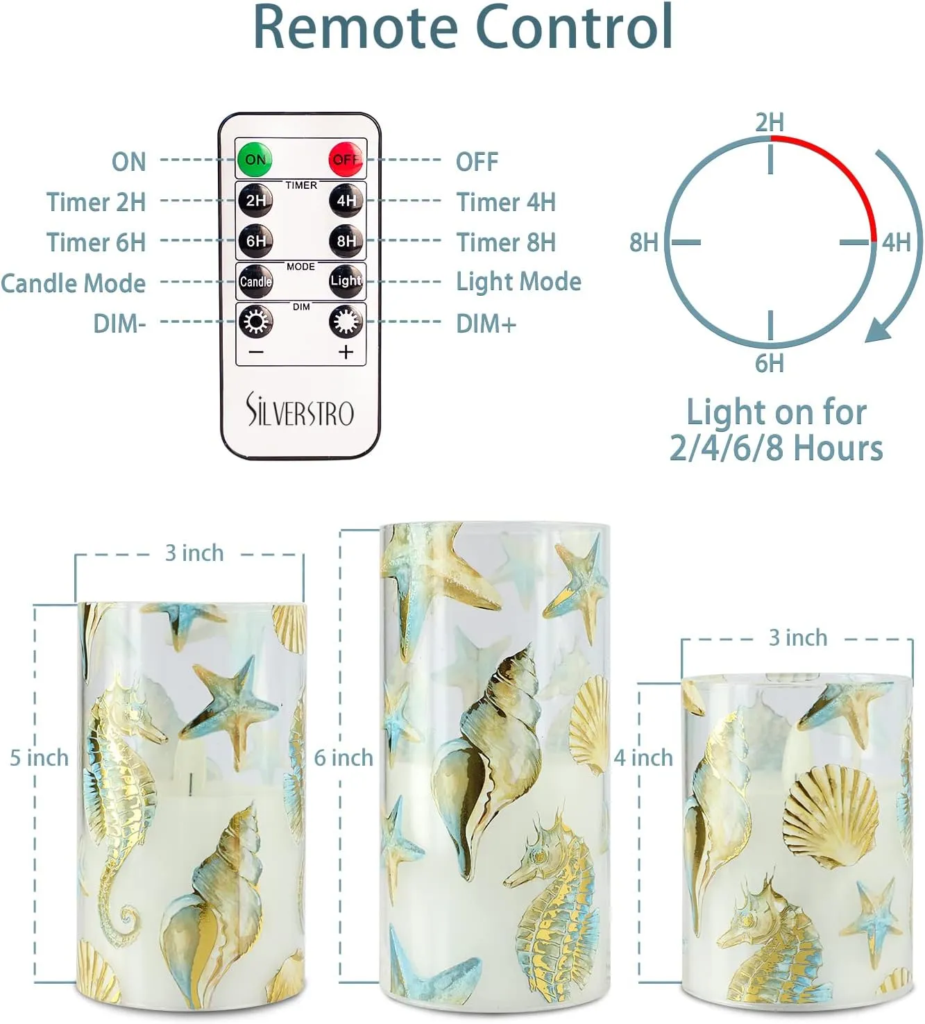 Silverstro Nautical Flameless Candles Flickering Starfish Seahorse Battery Operated Candles with Remote - Bedroom Party Christmas Ocean Summer Decor - Set of 3
