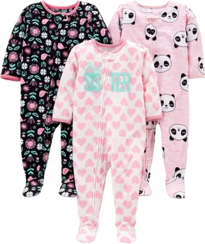 Simple Joys by Carter's Toddlers and Baby Girls' Loose-Fit Flame Resistant Fleece Footed Pajamas, Pack of 3