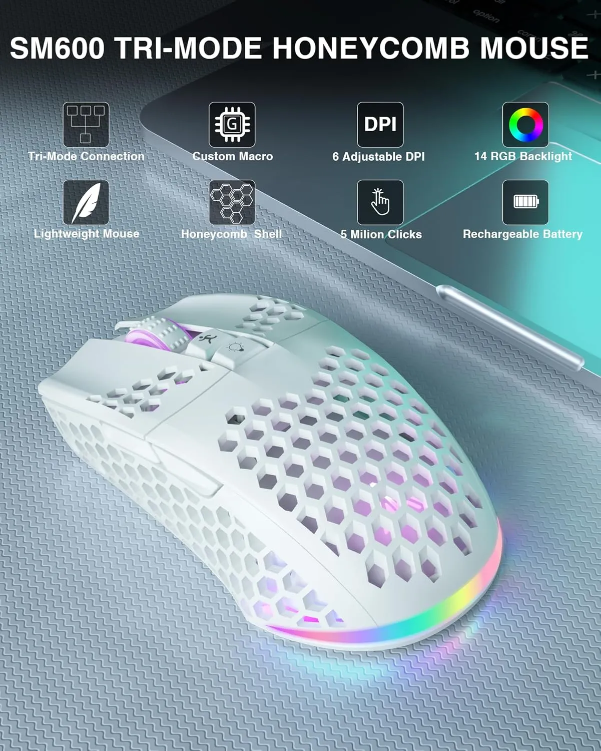 SM600 White Wireless Gaming Mouse,8000 DPI Tri-Modes BT5.1/Type-C Wired/2.4G Wireless Mouse with 2 Side Buttons, Programmable Macro Gamer Mouse with RGB Light for Laptop/PC/Mac