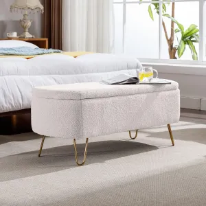 Storage Solution with Upholstered Storage Bench, Padded Faux Fur Seat, Elegant Gold Legs, for Bedroom or Living Room, Ivory White