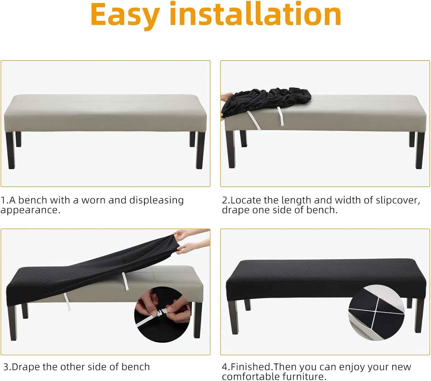 Stretch Jacquard Dining Bench Cover - Anti-Dust Removable Bench Slipcover Washable Seat Cushion Protector for Bedroom, Kitchen, Hotel, Banquet (Black)
