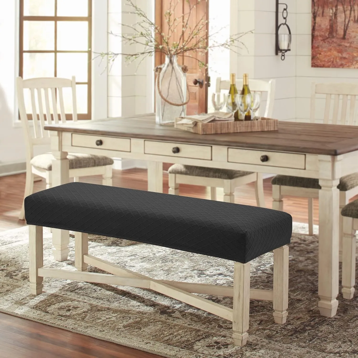 Stretch Jacquard Dining Bench Cover - Anti-Dust Removable Bench Slipcover Washable Seat Cushion Protector for Bedroom, Kitchen, Hotel, Banquet (Black)