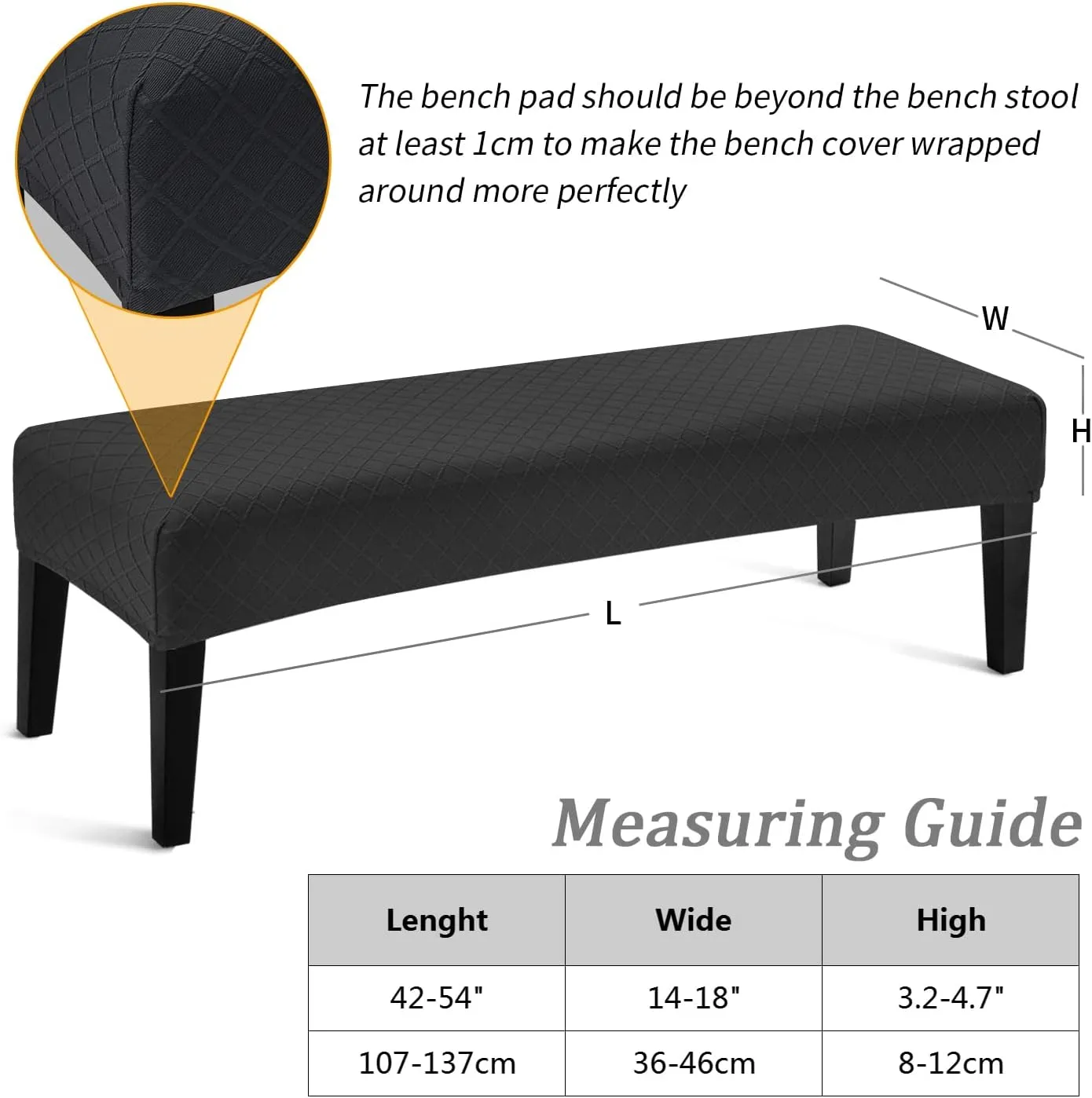 Stretch Jacquard Dining Bench Cover - Anti-Dust Removable Bench Slipcover Washable Seat Cushion Protector for Bedroom, Kitchen, Hotel, Banquet (Black)