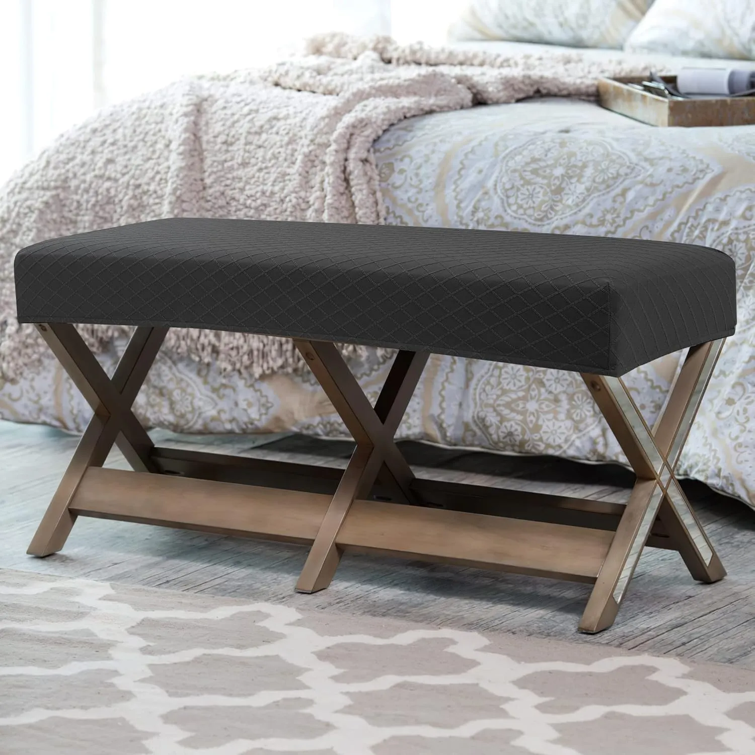Stretch Jacquard Dining Bench Cover - Anti-Dust Removable Bench Slipcover Washable Seat Cushion Protector for Bedroom, Kitchen, Hotel, Banquet (Black)