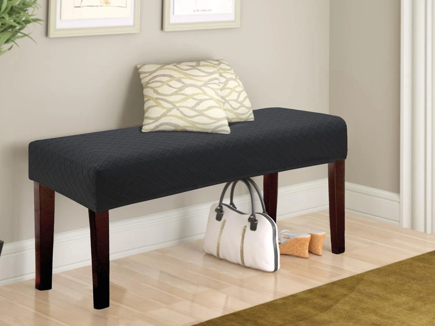 Stretch Jacquard Dining Bench Cover - Anti-Dust Removable Bench Slipcover Washable Seat Cushion Protector for Bedroom, Kitchen, Hotel, Banquet (Black)