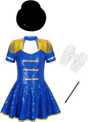 Sywiyi Girls Majorette Costume Shiny Sequins Marching Band Uniform Leotard Dress for Party Performance