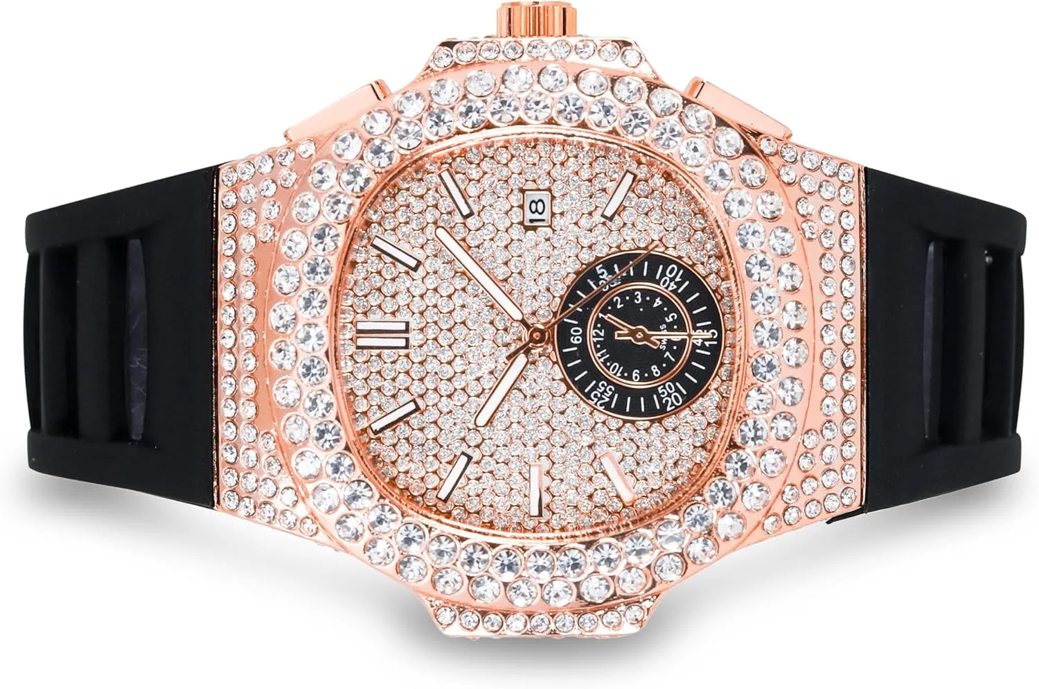 Techno Pave Men's 43mm Silicone Band Watch - Iced Out Oblong Bezel - Quartz Movement