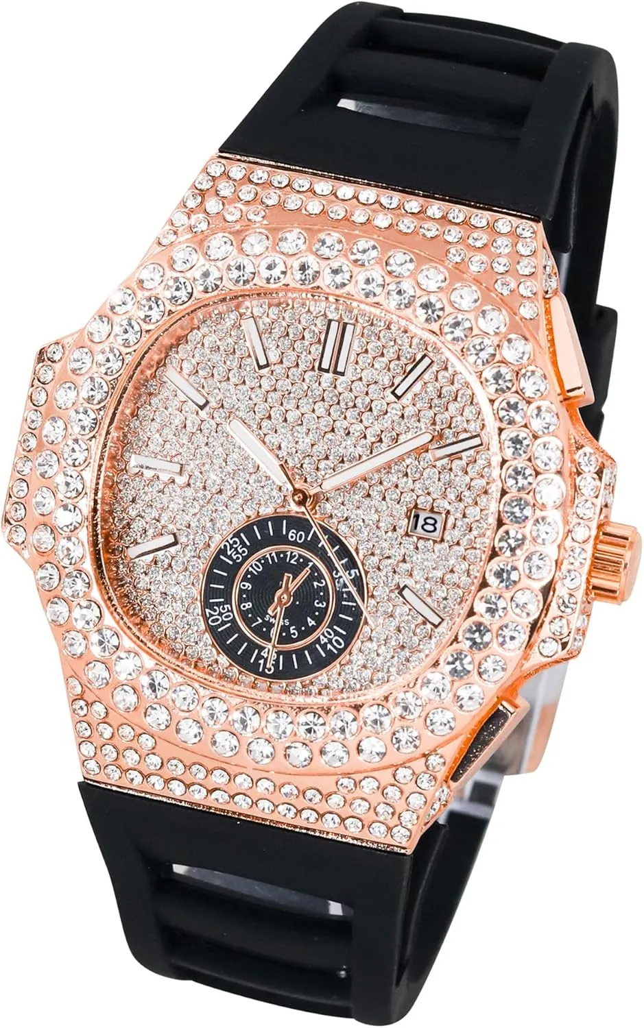 Techno Pave Men's 43mm Silicone Band Watch - Iced Out Oblong Bezel - Quartz Movement