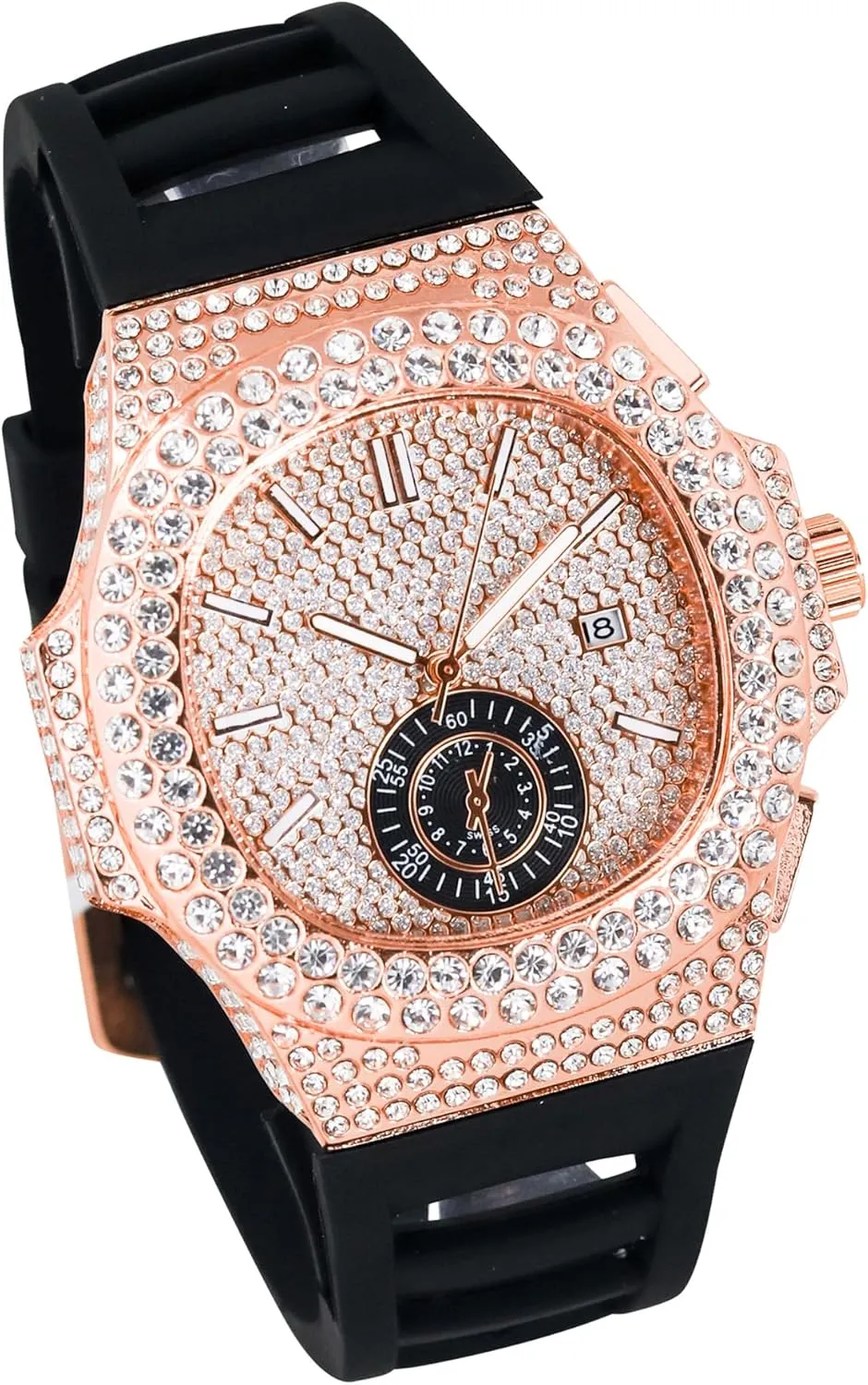 Techno Pave Men's 43mm Silicone Band Watch - Iced Out Oblong Bezel - Quartz Movement