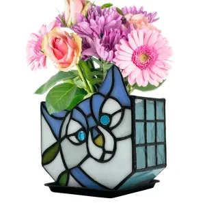 Tiffany Style Cute Cat Flower Pot,Cute Pots for Plants,Small Plant Pot with Unique Cat Face Design,Tiltable Cat Terrarium Decoration,4.6x3x5.15 in(Excluding Plants)