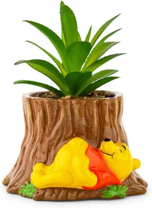 Toynk Disney Winnie The Pooh Tree Stump 5-Inch Ceramic Planter with Artificial Succulent | Cute Flower Pot, Faux Indoor Plants