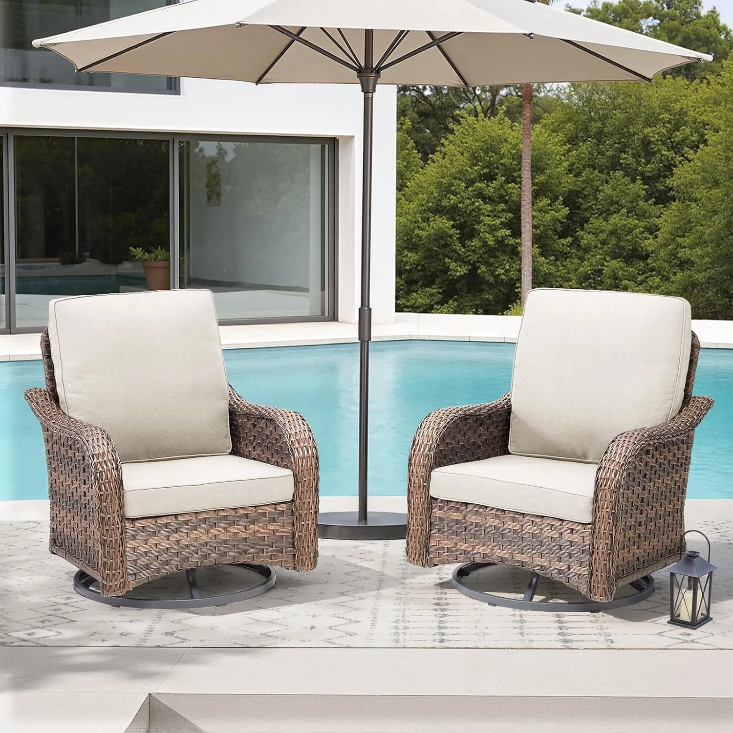 Wicker Swivel Rocker Patio Chairs, Patio Wicker Chairs Swivel Rocker Set of 2 Comfy Glider Rocking Chair, Outdoor Conversation Furniture Set for Porch Deck Sunroom Backyard, Beige