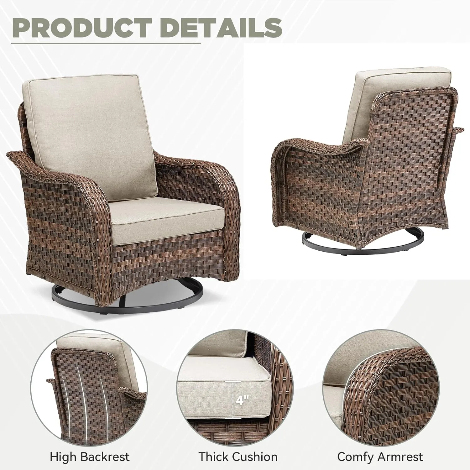 Wicker Swivel Rocker Patio Chairs, Patio Wicker Chairs Swivel Rocker Set of 2 Comfy Glider Rocking Chair, Outdoor Conversation Furniture Set for Porch Deck Sunroom Backyard, Beige