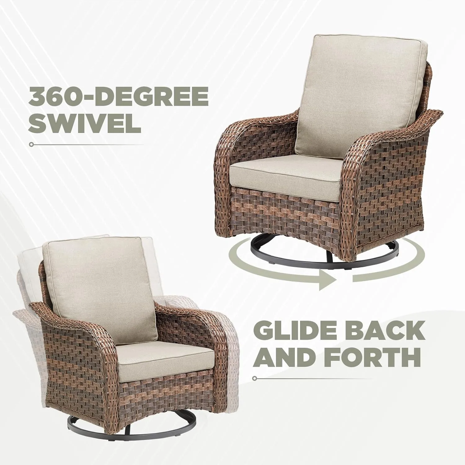 Wicker Swivel Rocker Patio Chairs, Patio Wicker Chairs Swivel Rocker Set of 2 Comfy Glider Rocking Chair, Outdoor Conversation Furniture Set for Porch Deck Sunroom Backyard, Beige
