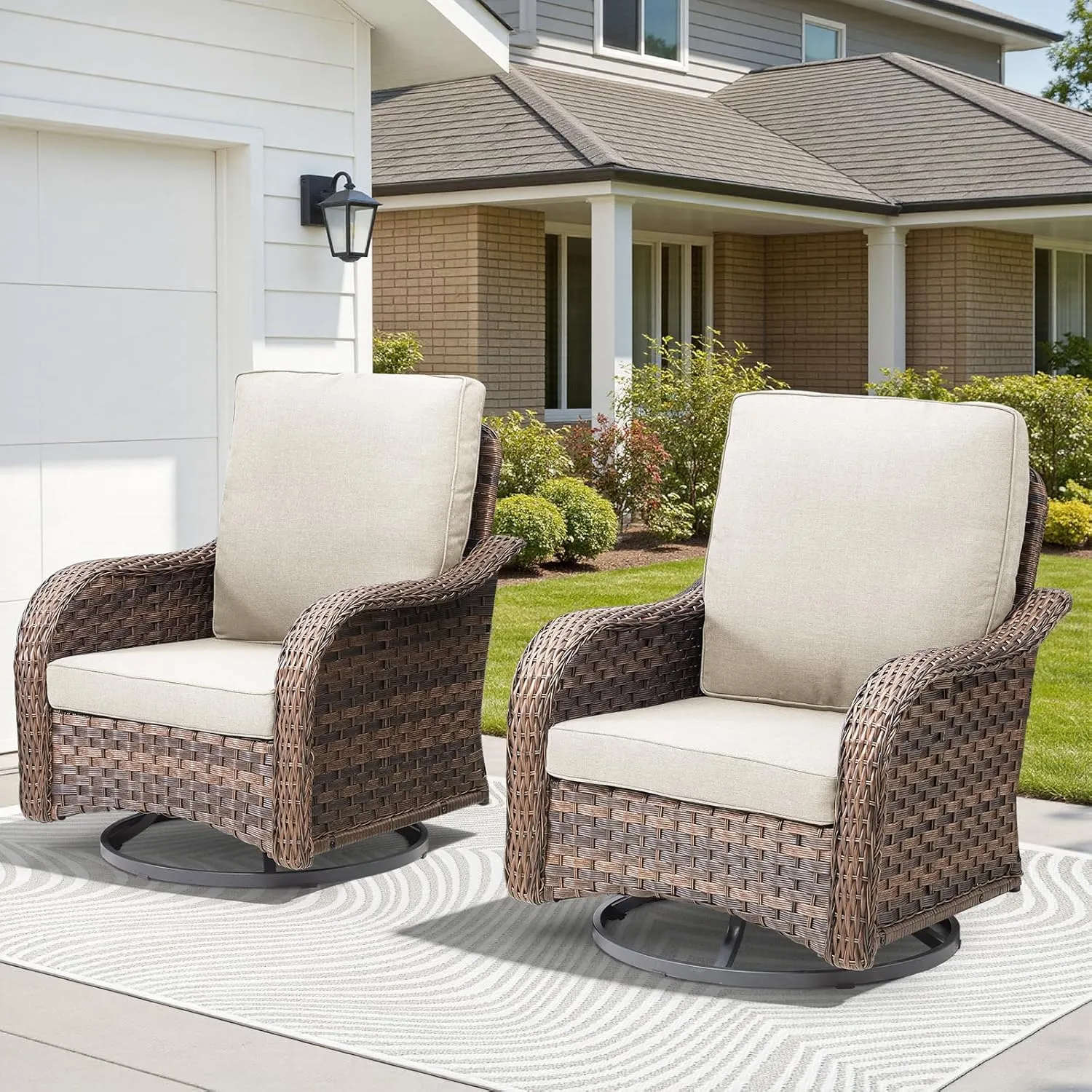 Wicker Swivel Rocker Patio Chairs, Patio Wicker Chairs Swivel Rocker Set of 2 Comfy Glider Rocking Chair, Outdoor Conversation Furniture Set for Porch Deck Sunroom Backyard, Beige