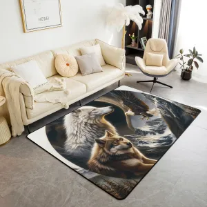 Wild Wolf Eagle Rug 5x6'6'',Jungle Wildlife Animal Rustic Non Slip Decorative Indoor Mat Rug,3D Print Tai Chi Natural Mount Pine Trees Shedding Rug for Playroom Bedside for Adults Kids