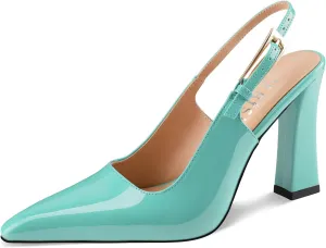 Women's Block high Heels Slingback, Pointed Closed Toe Ankle Strap Fashioned Patent Leather Pumps Shoes.