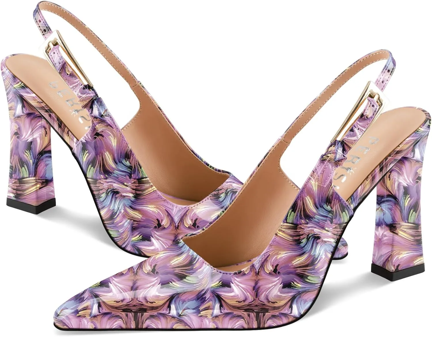 Women's Block high Heels Slingback, Pointed Closed Toe Ankle Strap Fashioned Patent Leather Pumps Shoes.