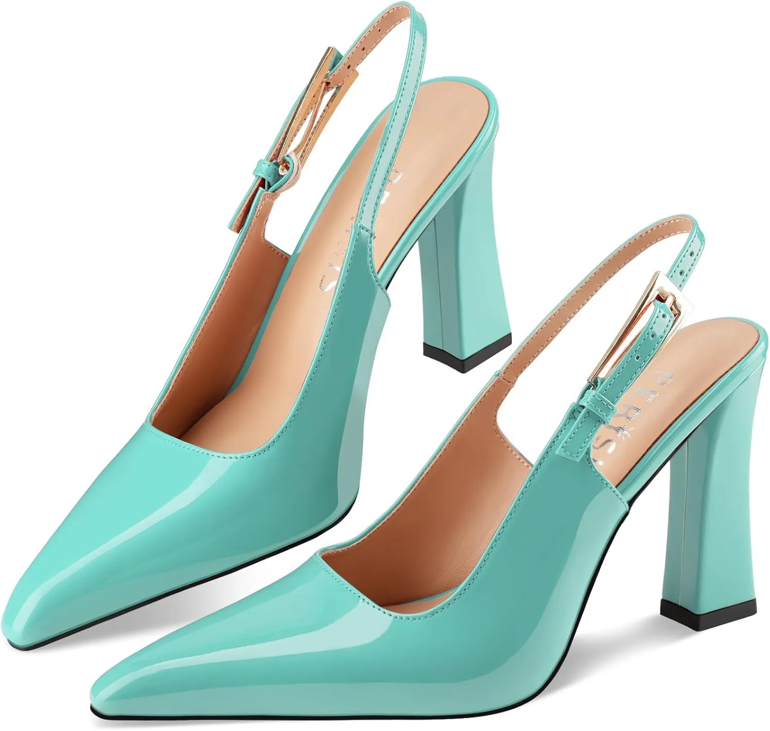 Women's Block high Heels Slingback, Pointed Closed Toe Ankle Strap Fashioned Patent Leather Pumps Shoes.
